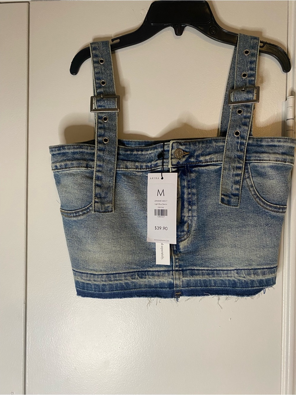 AKIRA Light Blue Denim Suspender Crop Top